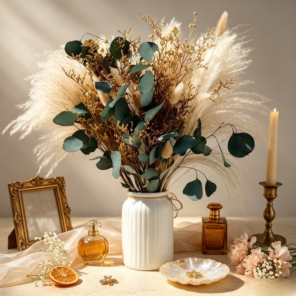 Eucalyptus Preserved - 自然乾燥パンパスグラスブーケ、保存されたユーカリの葉、ビリーボール、ミックスドライフラワー、ホームデコレーション、花瓶、ウェディングテーブル装飾用