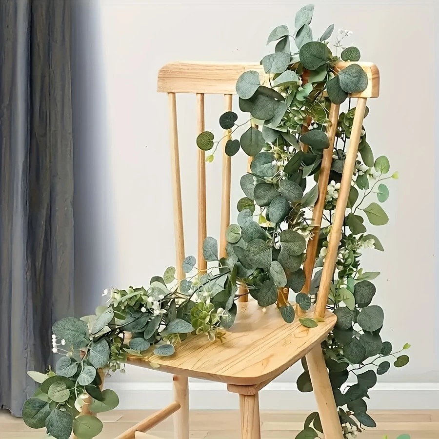 Eucalyptus Preserved - 1個の人工ユーカリの葉グリーンガーランドフェイクプラント春のつる植物、白い花とベリー付き、結婚式、ホームパーティーの装飾用