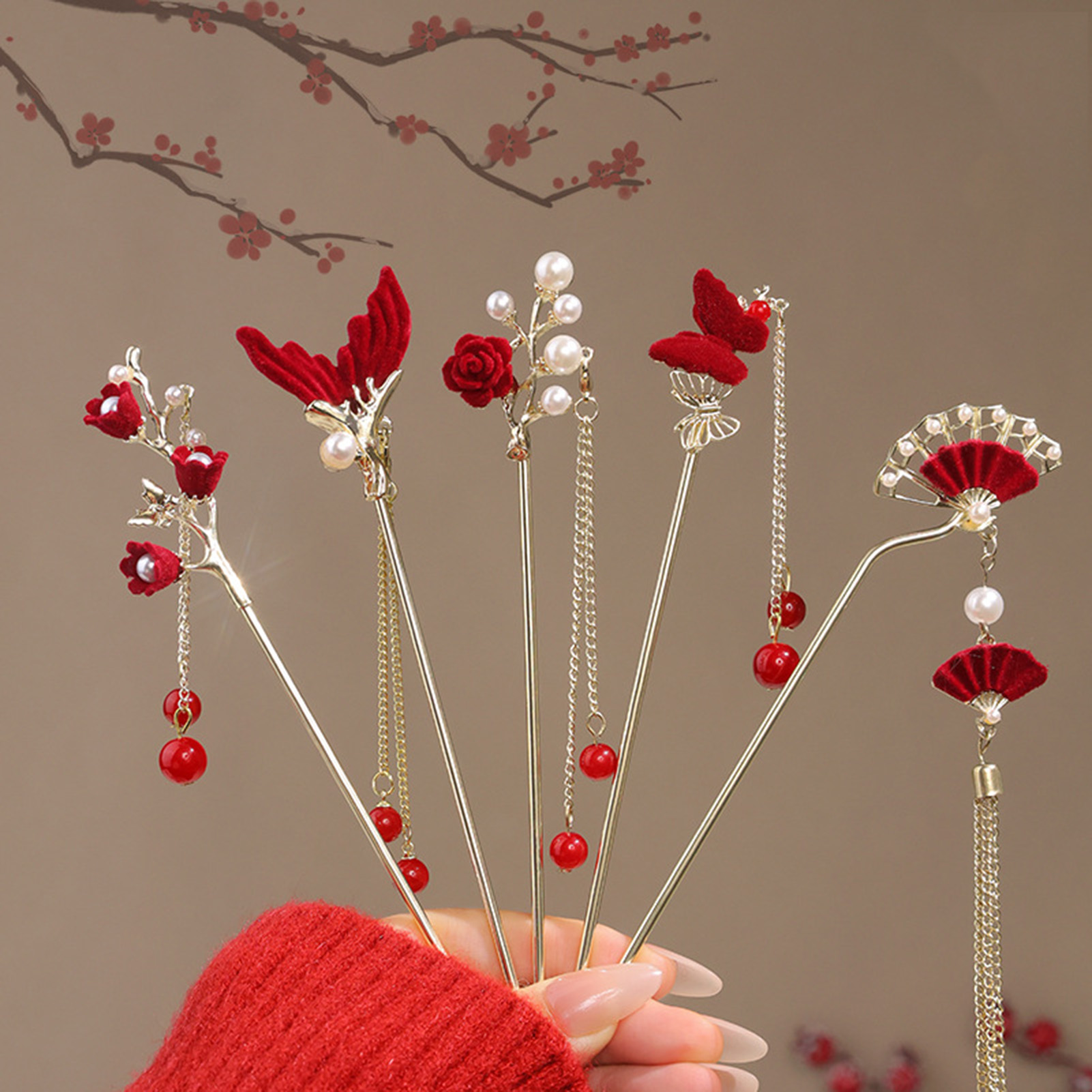 Flower Supplies - 中国風のバラの花のヘアスティックヘアピン女性のための赤い花のヘアコーム手作り金属合金帽子女の子ヘアアクセサリー