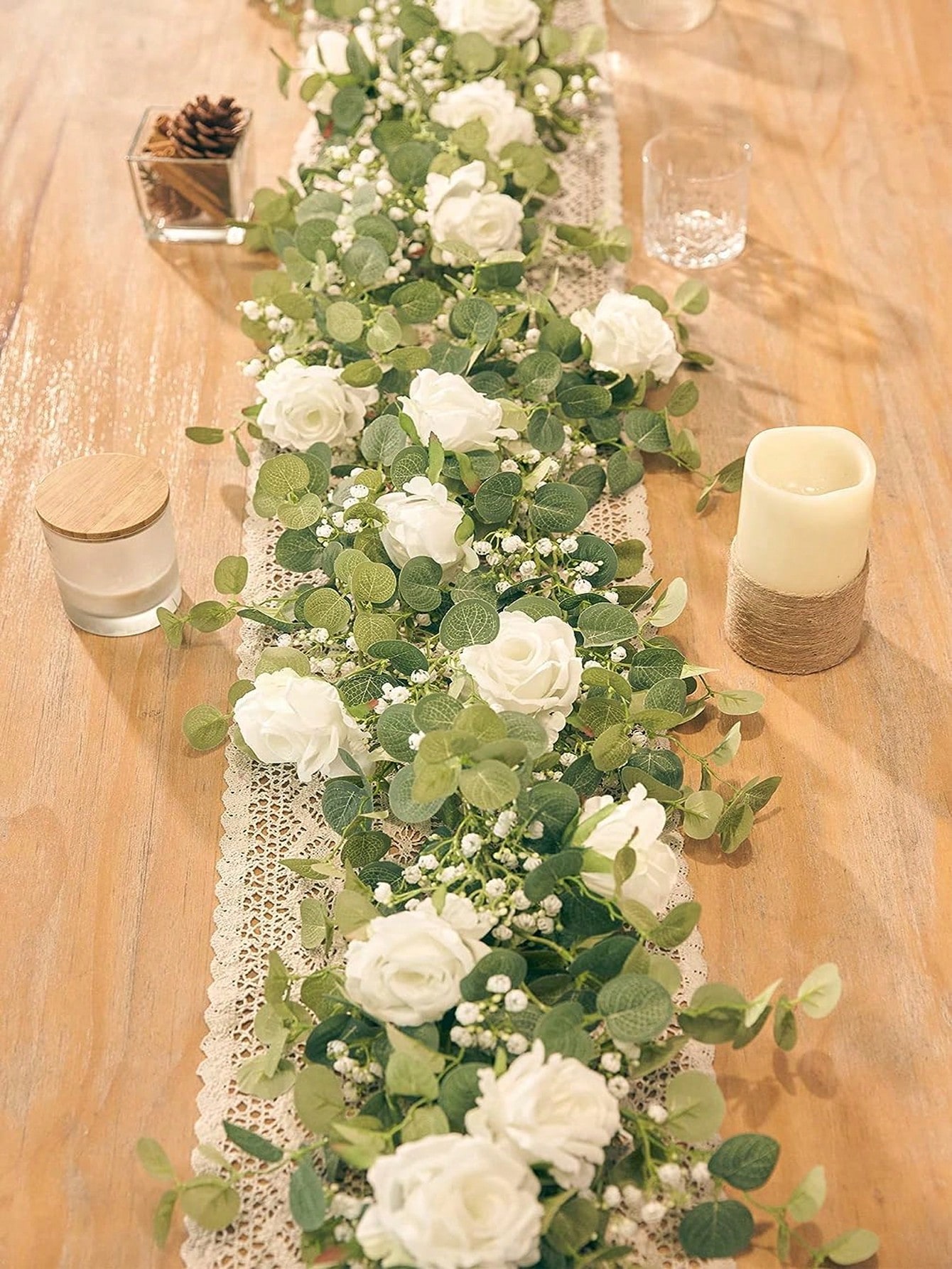 Eucalyptus Preserved - 1pc 5.9FT 人工ユーカリつる偽のバラの花カスミソウ花輪結婚式ホームパーティークラフトアートテーブルランナーの装飾
