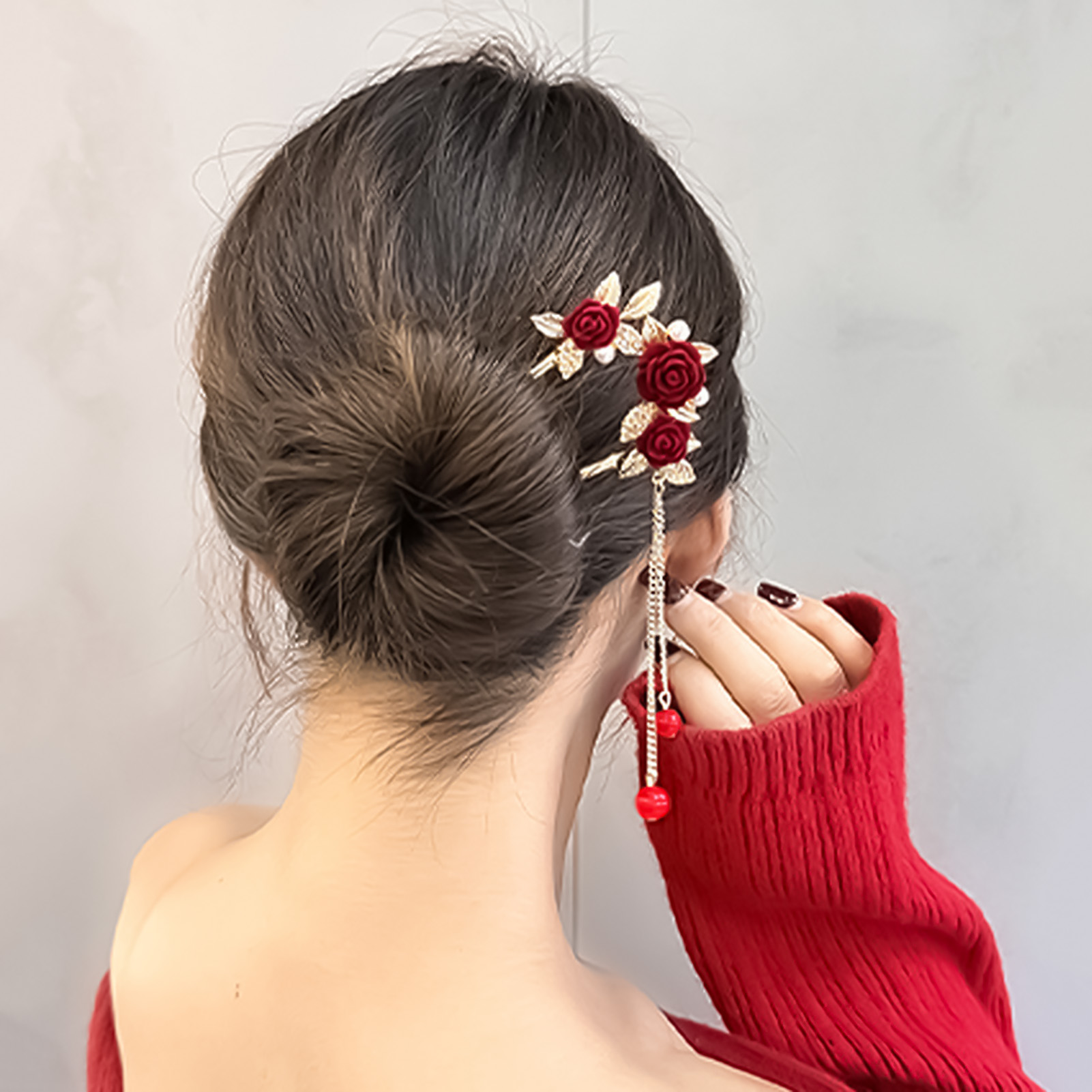 中国風のバラの花のヘアスティックヘアピン女性のための赤い花の - Flower Supplies のレビューと価格