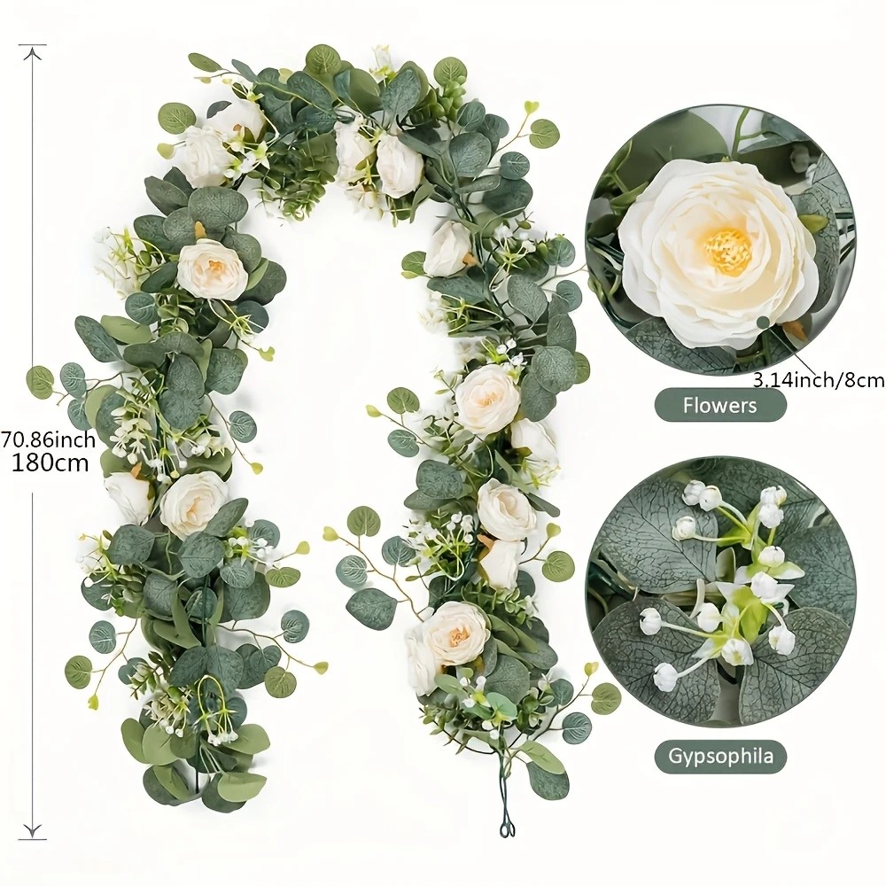 70インチのユーカリとバラの花輪 - ホームデコレーション、 - Eucalyptus Preserved のレビューと価格